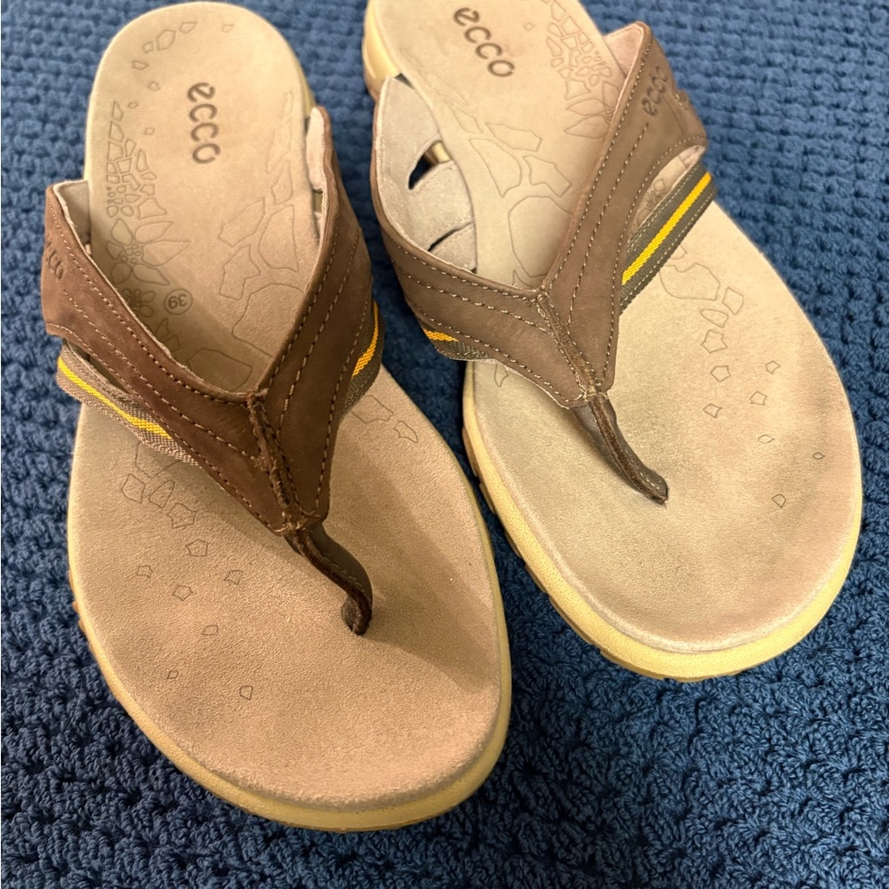 Ecco Women’s Brown Leather Flip Sandals with Yellow Stripe Size 39